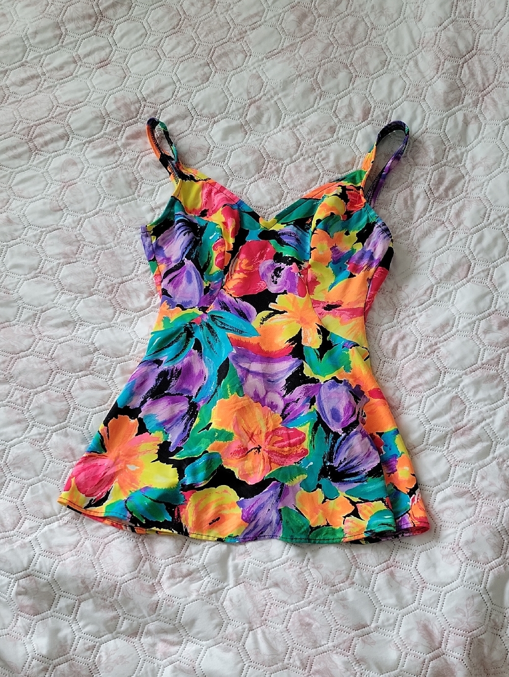Bright Floral V-Neck One-Piece Swim Dress in Multicolor